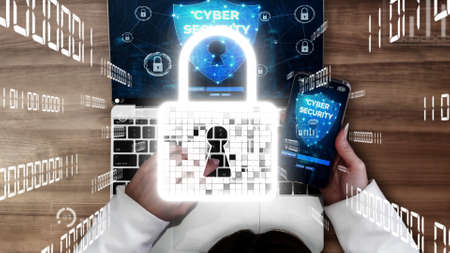 Cyber Security and Digital Data Protection conceptual . Graphic interface showing secure firewall technology for online data access defense against hacker, virus and insecure information for privacy.の写真素材