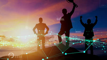 Achievement and Business Goal Success conceptual - Creative business people with icon graphic interface showing employee reward giving for business success achievement.の写真素材