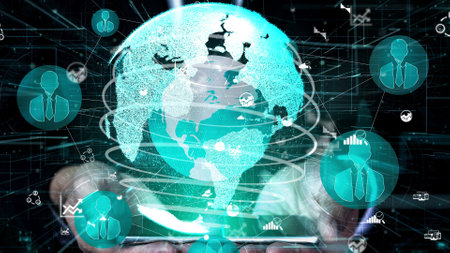 People network and global communication conceptual. Business people with modern graphic interface of community linking many people around world by social media to connect international business.の写真素材