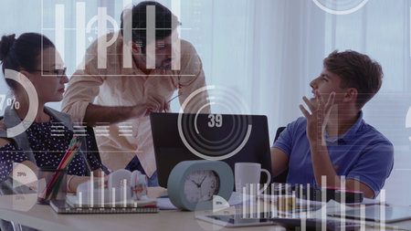 Conceptual vision of business people in corporate staff meeting . Concept of digital technology for...