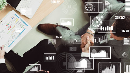 Conceptual business handshake with dashboard for financial data analysis . 3D render computer...