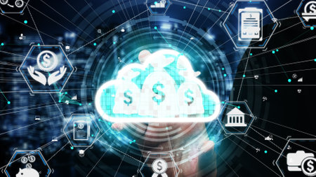 Finance and Money Transaction Technology conceptual . Icon Graphic interface showing fintech trade exchange, profit statistics analysis and market analyst service in modern computer application.の写真素材