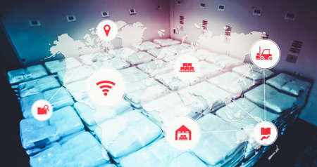 Smart warehouse management system with innovative internet of things technology to identify package picking and delivery . Future concept of supply chain and logistic network business .の写真素材