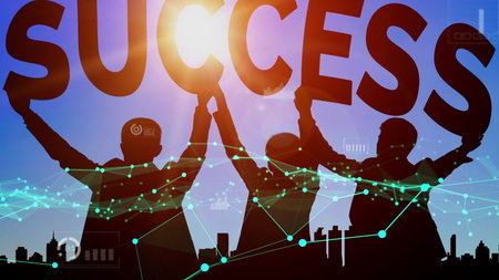 Achievement and Business Goal Success conceptual - Creative business people with icon graphic...