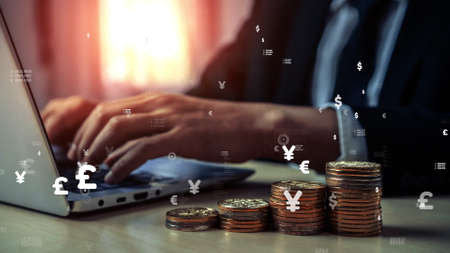 Conceptual business dashboard for financial data analysis . 3D render computer graphic .の写真素材