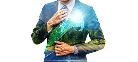 Electric car virtual reality concept with EV charging station for green energy and eco power produced from sustainable source to supply to charger station in order to reduce CO2 emission .の写真素材