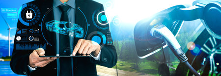 Electric car virtual reality concept with EV charging station for green energy and eco power...