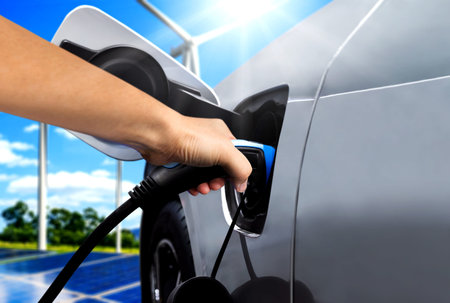 EV charging station for electric car in concept of green sustainable energy produced from renewable...
