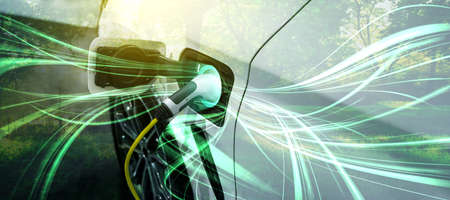 EV charging station for electric car in concept of green energy and eco power produced from sustainable source to supply to charger station in order to reduce CO2 emission .の写真素材