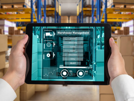 Warehouse management innovative software in computer for real time monitoring of goods package...