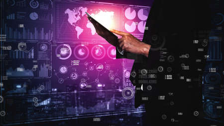 Big Data Technology for Business Finance Analytic conceptual. Modern graphic interface shows massive information of business sale report, profit chart and stock market analysis on screen monitor.の写真素材