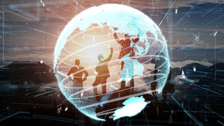 Achievement and Business Goal Success conceptual - Creative business people with icon graphic interface showing employee reward giving for business success achievement.の写真素材