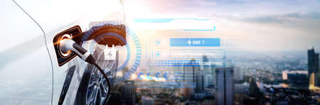 EV charging station for electric car in concept of alternative green energy produced from sustainable resources to supply to charger station in order to reduce CO2 emission .の写真素材