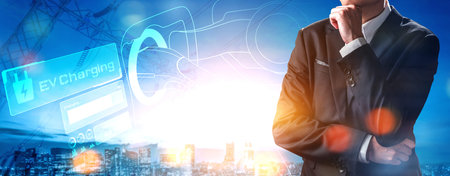 Electric car virtual reality concept with EV charging station for green energy and eco power produced from sustainable source to supply to charger station in order to reduce CO2 emission .の写真素材