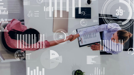 Conceptual business handshake with dashboard for financial data analysis . 3D render computer graphic .の写真素材