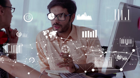 Conceptual vision of business people in corporate staff meeting . Concept of digital technology for...