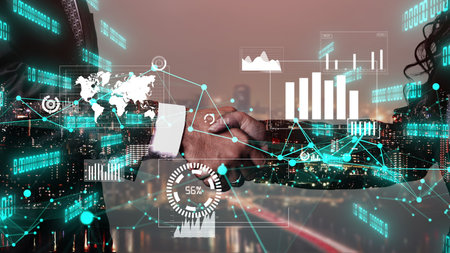 Conceptual business handshake with dashboard for financial data analysis . 3D render computer...