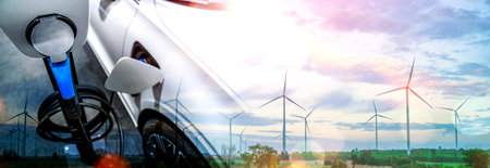 EV charging station for electric car in concept of green sustainable energy produced from renewable resources to supply to charger station in order to reduce CO2 emission .の写真素材