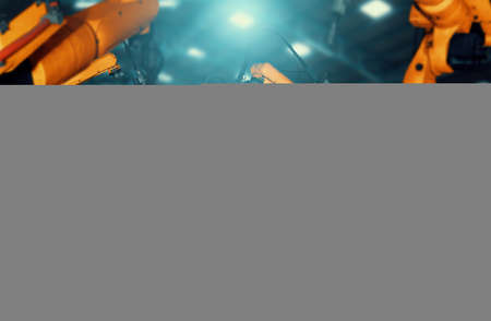 Mechanized industry robot arm for assembly in factory production line . Concept of artificial intelligence for industrial revolution and automation manufacturing process .の写真素材