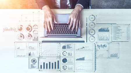 Business intelligence technology and big data analytic mixed media showing concept of futuristic information report using computer software to analyze strategic investment advice for decision making .の写真素材
