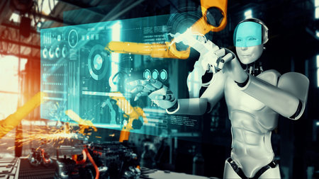 Mechanized industry robot and robotic arms for assembly in factory production . Concept of...