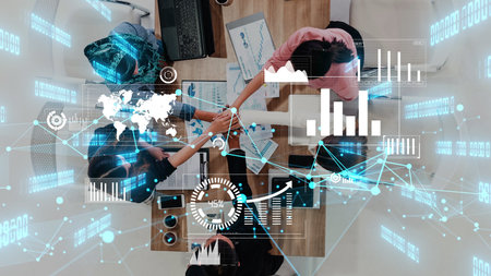 Conceptual vision of business people in the corporate staff meeting . Concept of digital technology...
