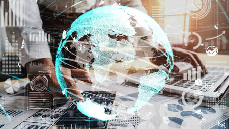Conceptual business dashboard for financial data analysis . 3D render computer graphic .