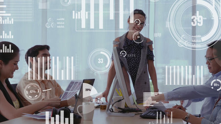 Conceptual vision of business people in corporate staff meeting . Concept of digital technology for...