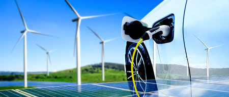 EV charging station for electric car in concept of green sustainable energy produced from renewable...