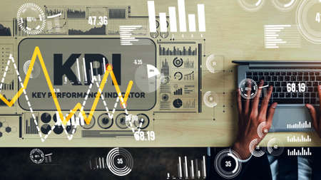 KPI Key Performance Indicator for Business conceptual - Modern graphic interface showing symbols of job target evaluation and analytical numbers for marketing KPI management.の写真素材