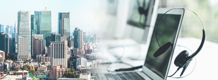 Headset and customer support equipment at call center ready for actively service . Corporate...
