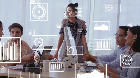 Conceptual vision of business people in corporate staff meeting . Concept of digital technology for...
