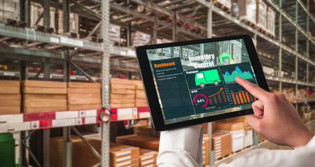 Warehouse management innovative software in computer for real time monitoring of goods package...