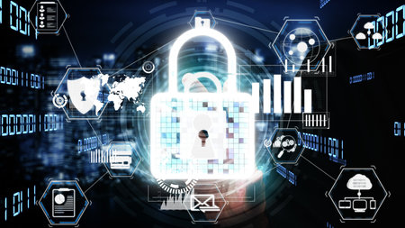 Cyber security encryption technology to protect data privacy conceptual . 3D render computer graphic...