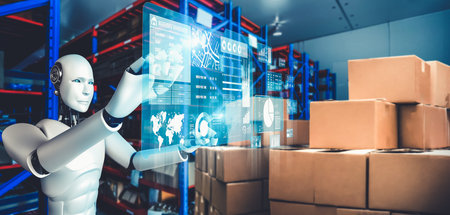 Innovative industry robot working in warehouse for human labor replacement . Concept of artificial...