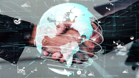 Conceptual business handshake with dashboard for financial data analysis . 3D render computer graphic .の写真素材