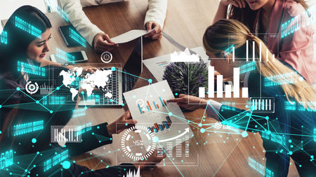 Conceptual vision of business people in corporate staff meeting . Concept of digital technology for...