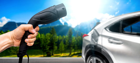 EV charging station for electric car in concept of green energy and eco power produced from...