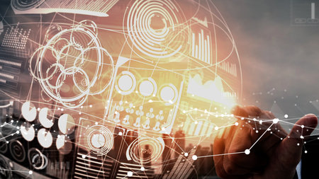 Conceptual business dashboard for financial data analysis . 3D render computer graphic .