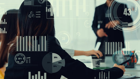 Business people in corporate staff meeting with envisional graphic . Concept of digital technology...