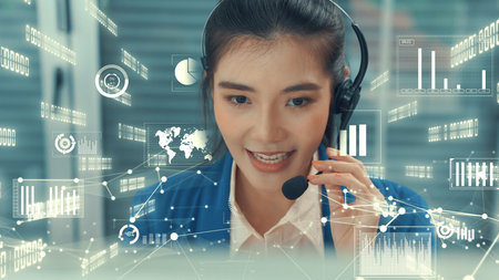 Customer support call center provide data with envisional graphic . Business and communication...