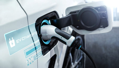 EV charging station for electric car in concept of alternative green energy produced from...