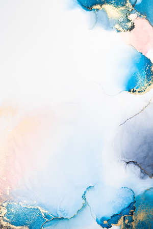 Luxury blue abstract background of marble liquid ink art painting on paper . Image of original artwork watercolor alcohol ink paint on high quality paper texture .の写真素材