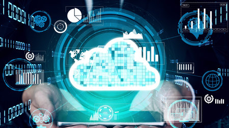 Conceptual cloud computing and data storage technology for future innovation . 3D render computer...