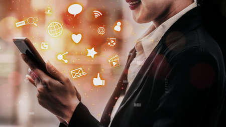 Social media and young people network conceptual . Modern graphic interface showing online social connection network and media channels to engage customer interaction in the digital business.の写真素材