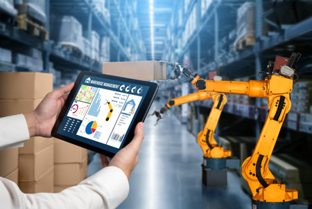 Smart robot arm systems for innovative warehouse and factory digital technology . Automation...