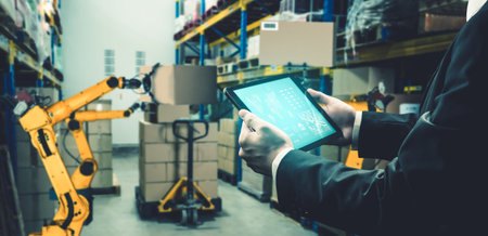 Smart robot arm systems for innovative warehouse and factory digital technology . Automation...