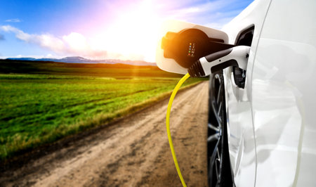 EV charging station for electric car in concept of green energy and eco power produced from...