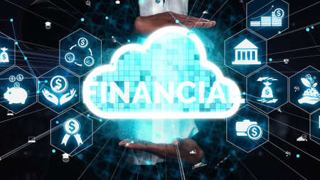 Finance and Money Transaction Technology conceptual . Icon Graphic interface showing fintech trade exchange, profit statistics analysis and market analyst service in modern computer application.の写真素材