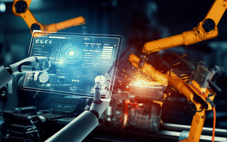 Mechanized industry robot and robotic arms for assembly in factory production . Concept of...